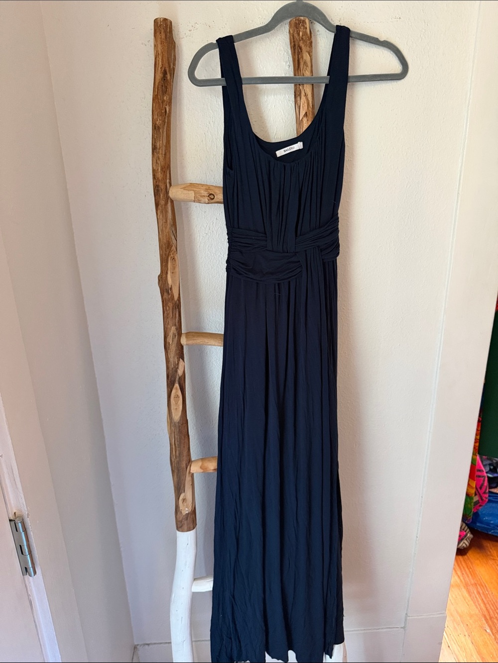 Bailey 44 Navy Sleeveless Grecian Stretch Knit Maxi Dress with Woven Waist Small